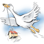 Tecknad bild: Gås flyger med hus i näbben